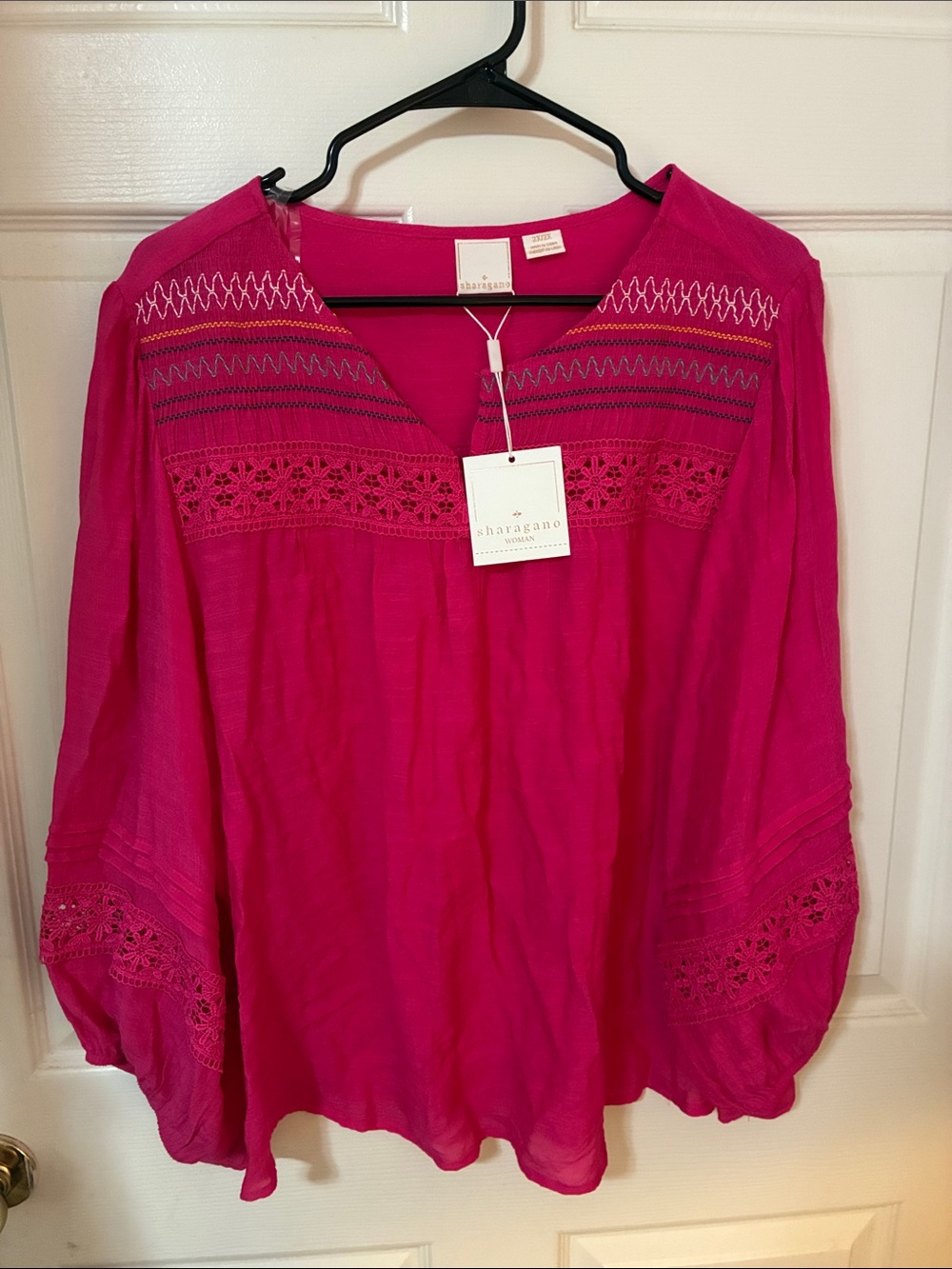 Sharagano Hot Pink Embroidered Peasant Tunic